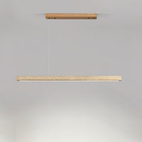 Sonvel travertine pendant with light wood ceiling canopy and suspension cables against a plain grey wall