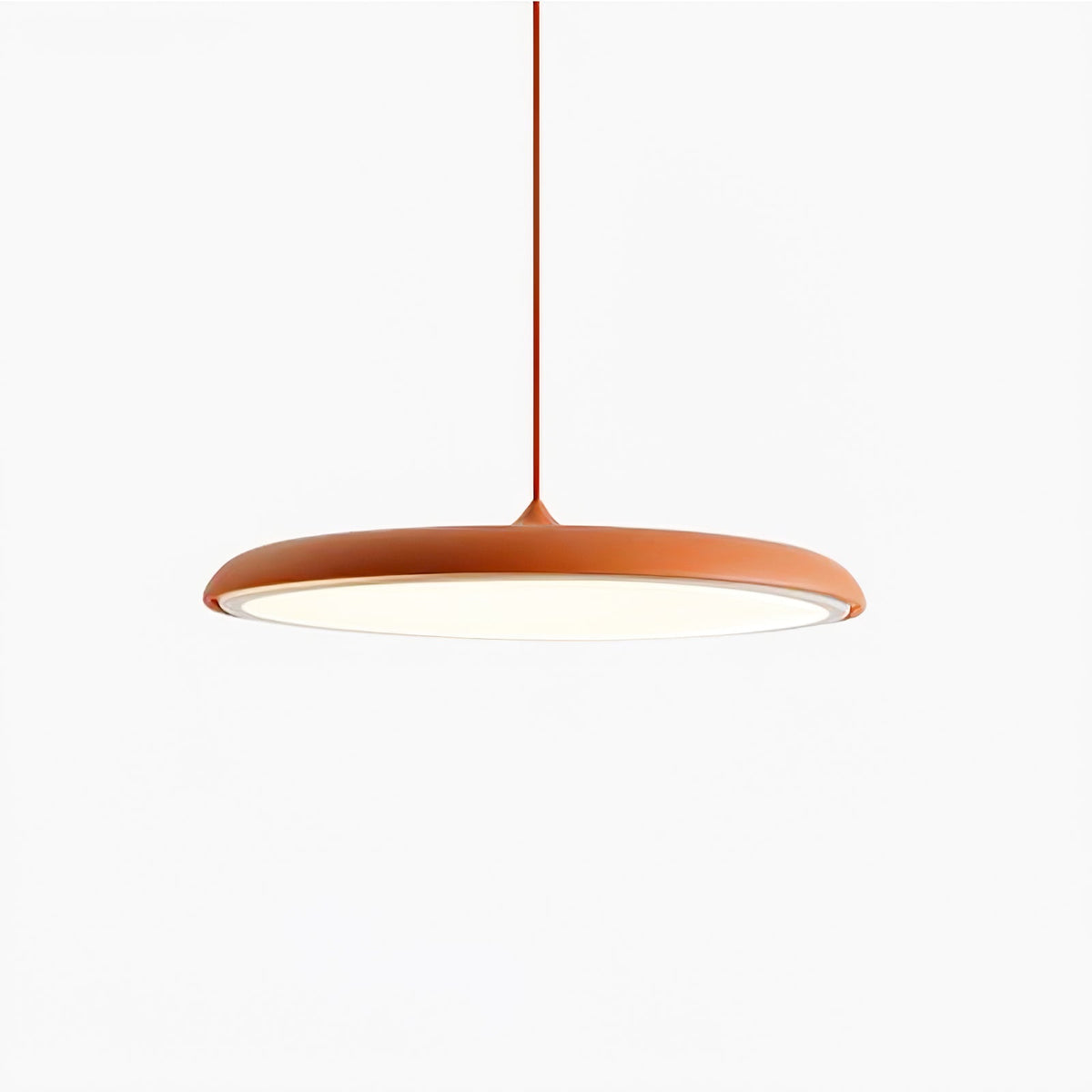 Tarvo orange flat disc pendant light, 40cm shade on a plain white background