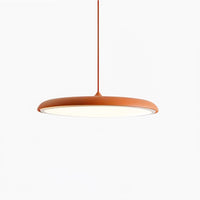 Tarvo orange flat disc pendant light, 40cm shade on a plain white background