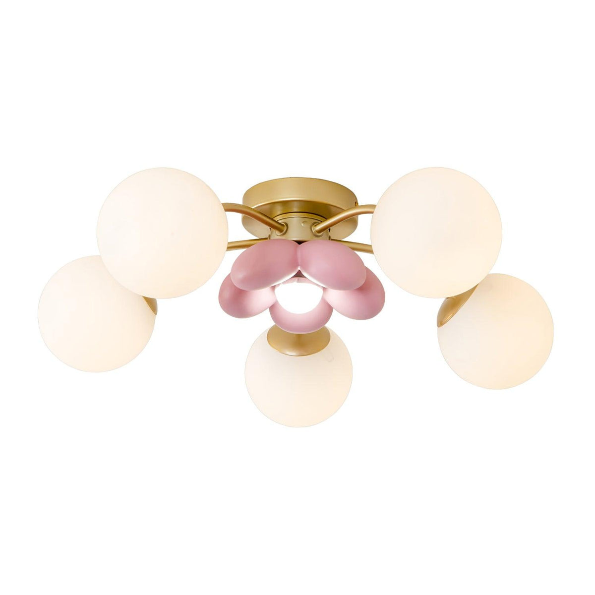 Peona pink petal ceiling light on a plain white background, five opal glass globes on gold arms around a pink flower centre