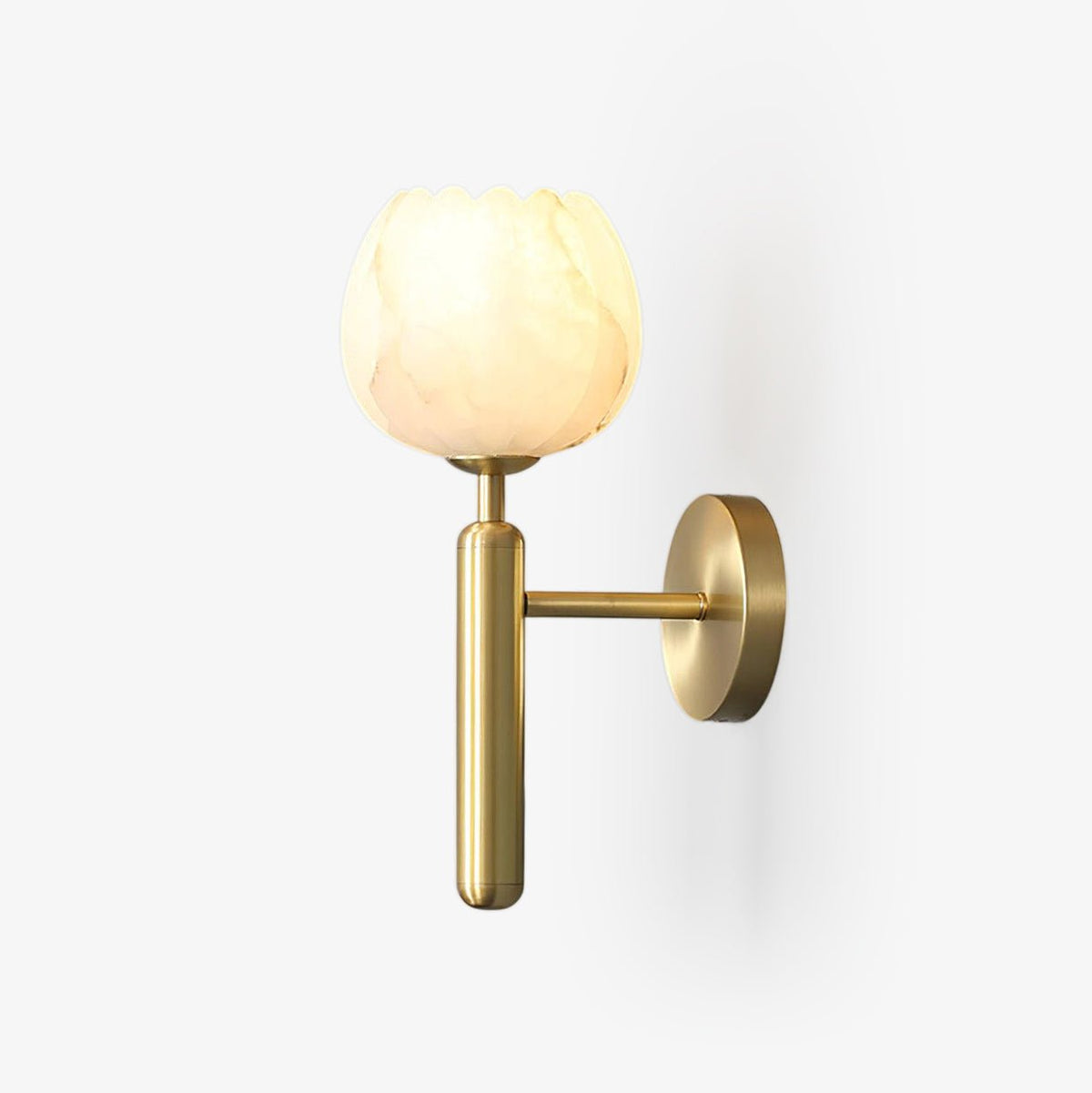 Pellora alabaster petal wall light in brass on a plain white background, shade unlit