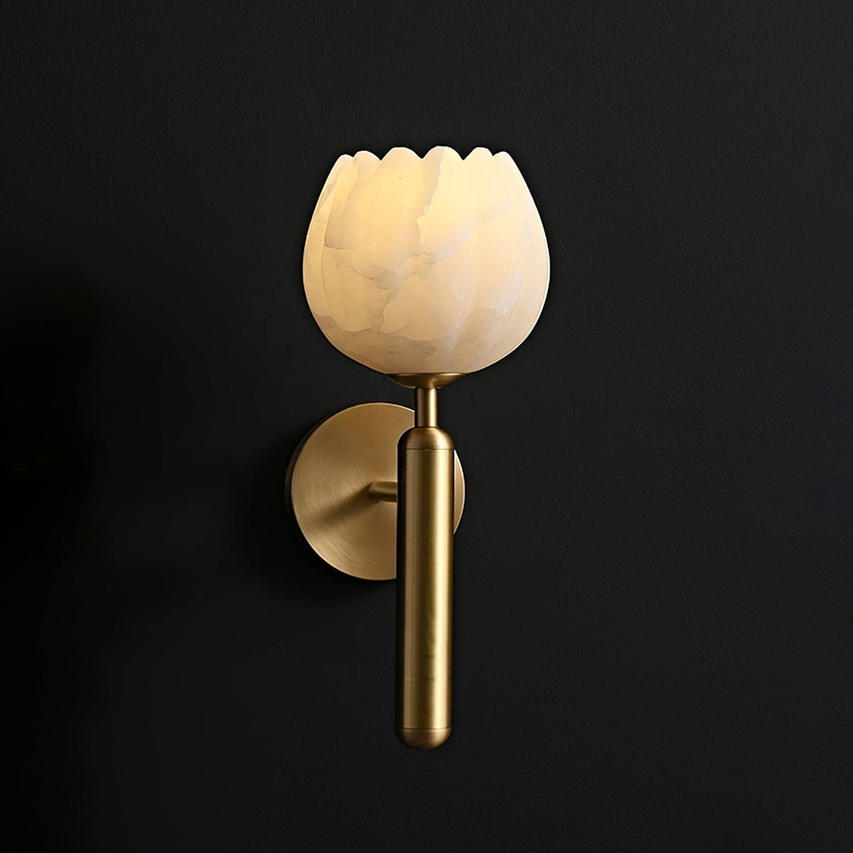 Pellora petal wall light lit against a dark charcoal wall showing the warm alabaster glow
