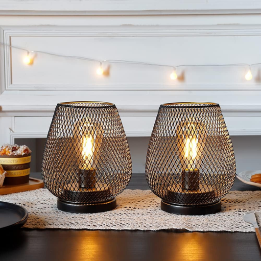 Cordless Iron Mesh Lantern Pair
