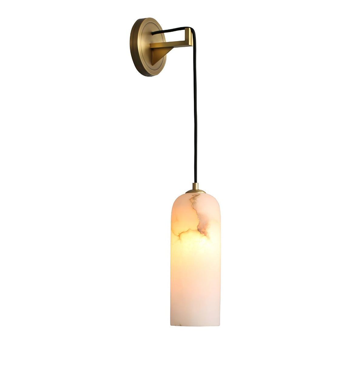 Uvella wall light lit against a plain background showing the warm glow through the alabaster shade