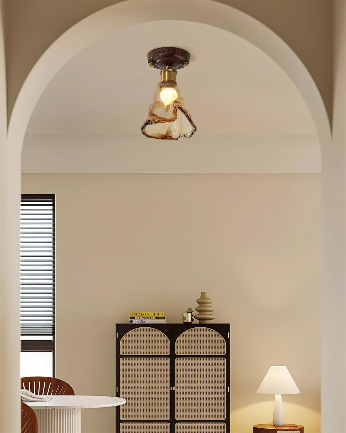 Orva Amber Glass Semi-Flush Light in an arched alcove living area