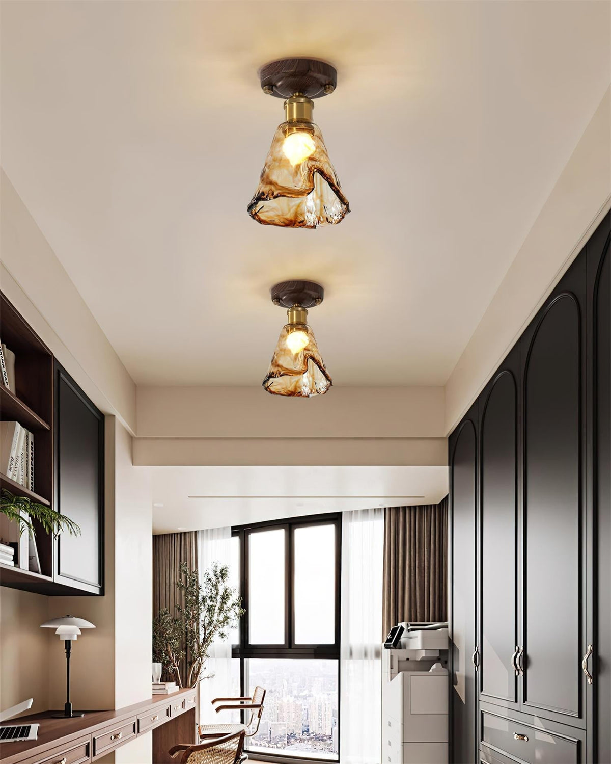 Orva Amber Glass Semi-Flush Light installed in a contemporary hallway