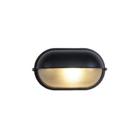 Lockhone Verrow industrial outdoor wall light, black oval bulkhead with ribbed glass lens, lit, on a plain white background