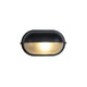 Lockhone Verrow industrial outdoor wall light, black oval bulkhead with ribbed glass lens, lit, on a plain white background