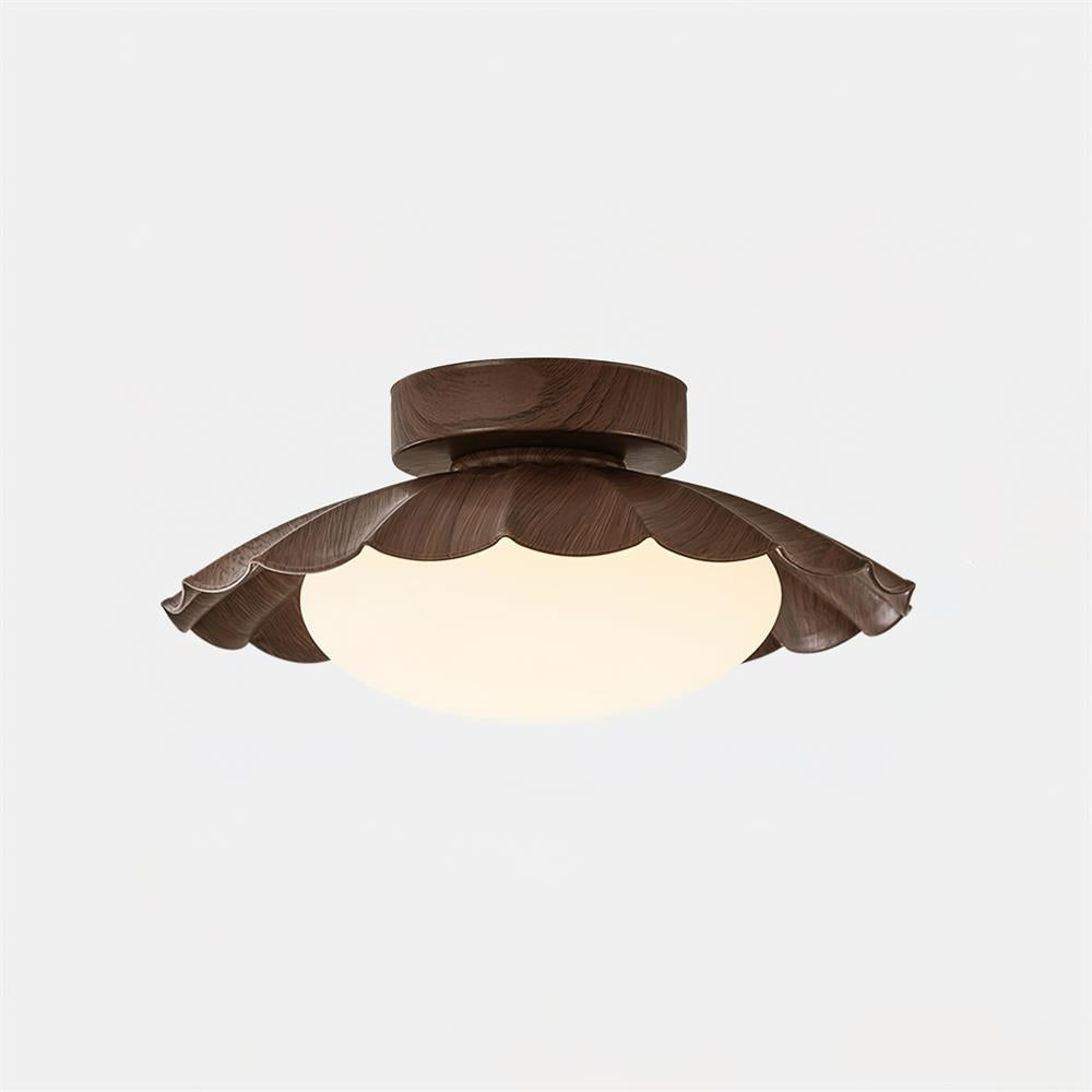 Wynto scalloped walnut ceiling light on a plain background showing the fluted wood-effect shade and opal glass diffuser