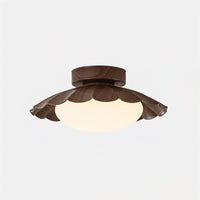 Wynto scalloped walnut ceiling light on a plain background showing the fluted wood-effect shade and opal glass diffuser