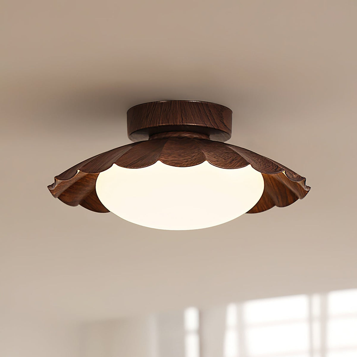 Angled view of the Wynto scalloped ceiling light mounted close to the ceiling