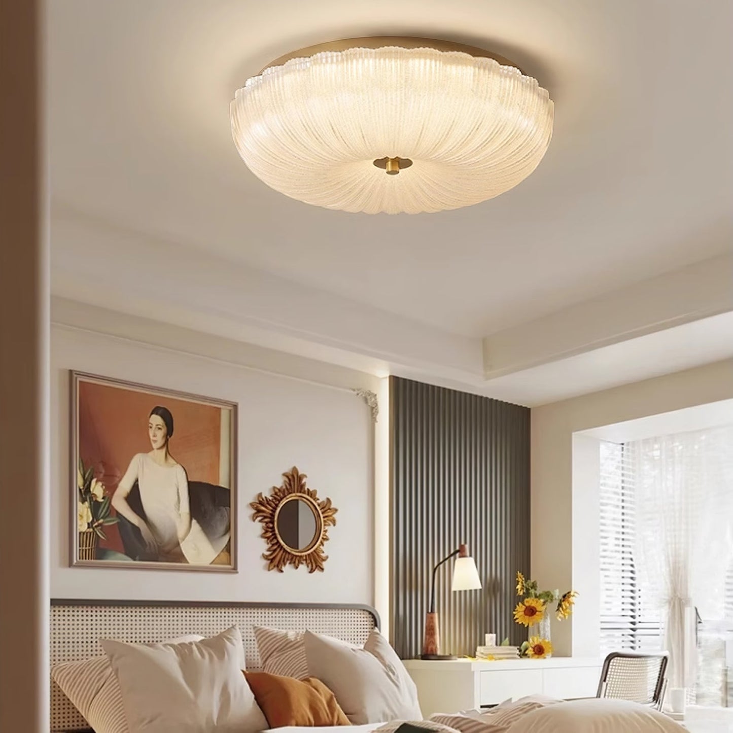 Hala fluted glass ceiling light glowing warm in a neutral bedroom