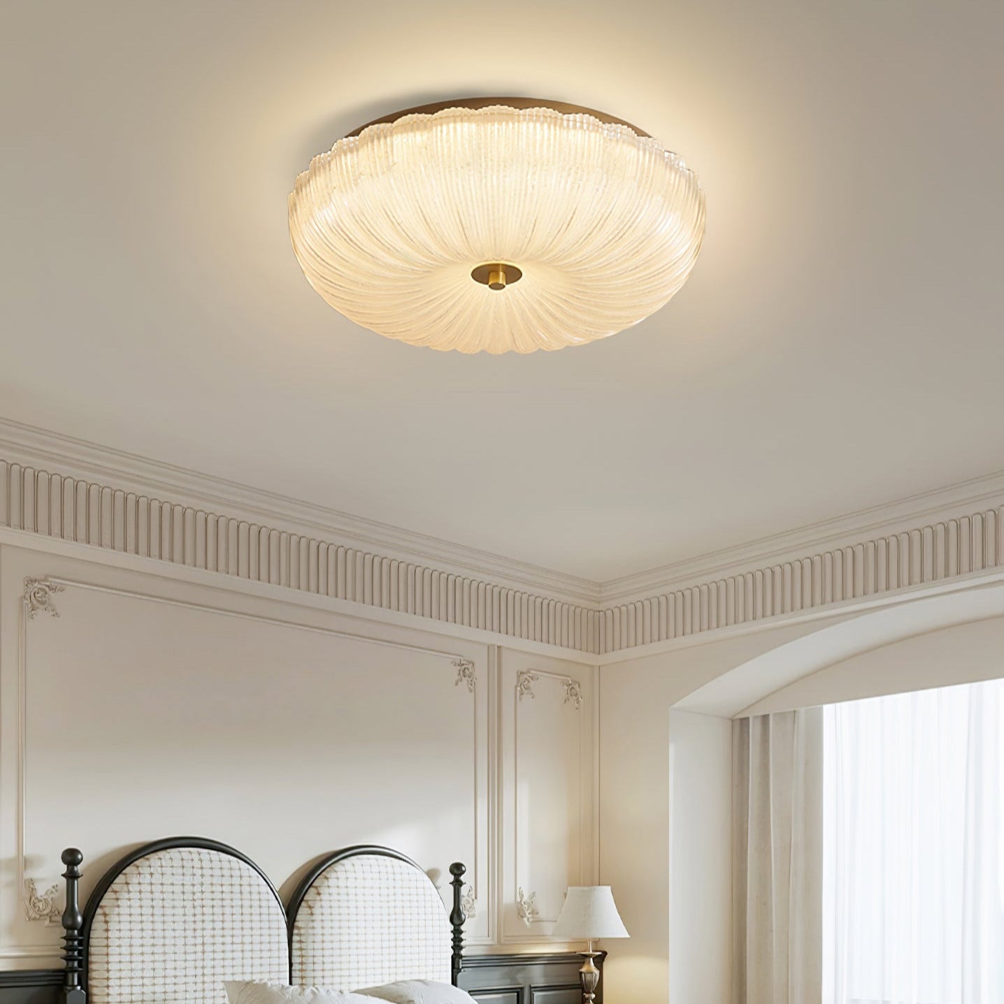 Hala ceiling light mounted flush to a white ceiling in a classic bedroom