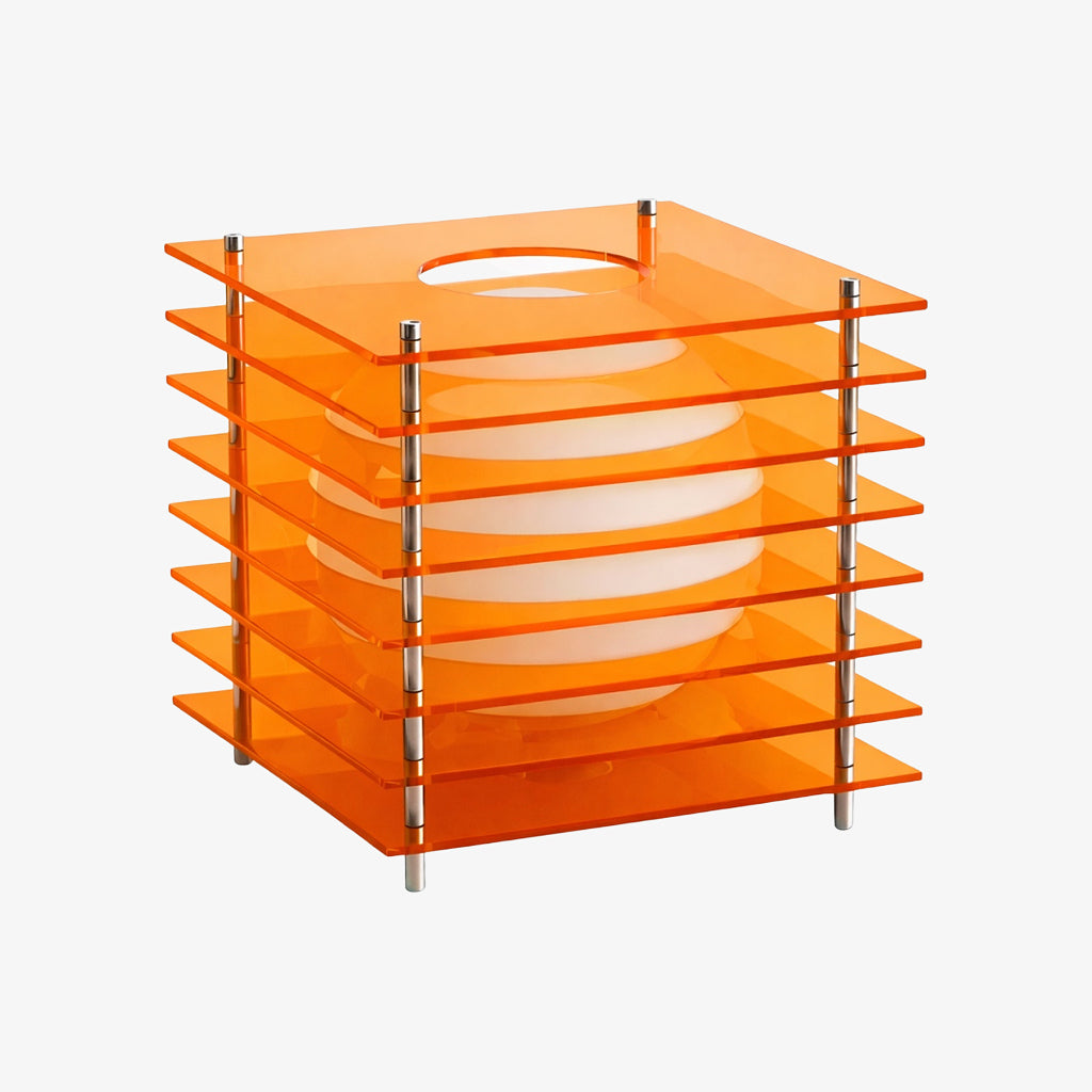 Luno geometric sphere table lamp in orange acrylic with stacked square plates around a white globe, on a plain background