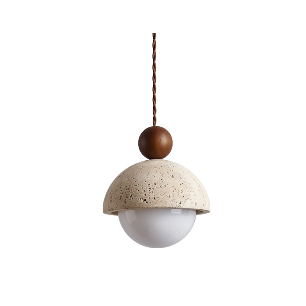Vairo Travertine Dome Pendant Light on a plain white background showing the travertine dome, walnut bead and opal glass globe