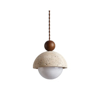 Vairo Travertine Dome Pendant Light on a plain white background showing the travertine dome, walnut bead and opal glass globe