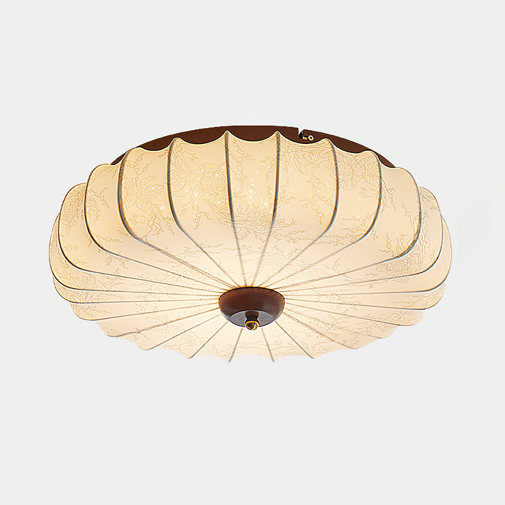 Side view of the Larso flush mount ceiling light showing the depth of the pleated fabric shade