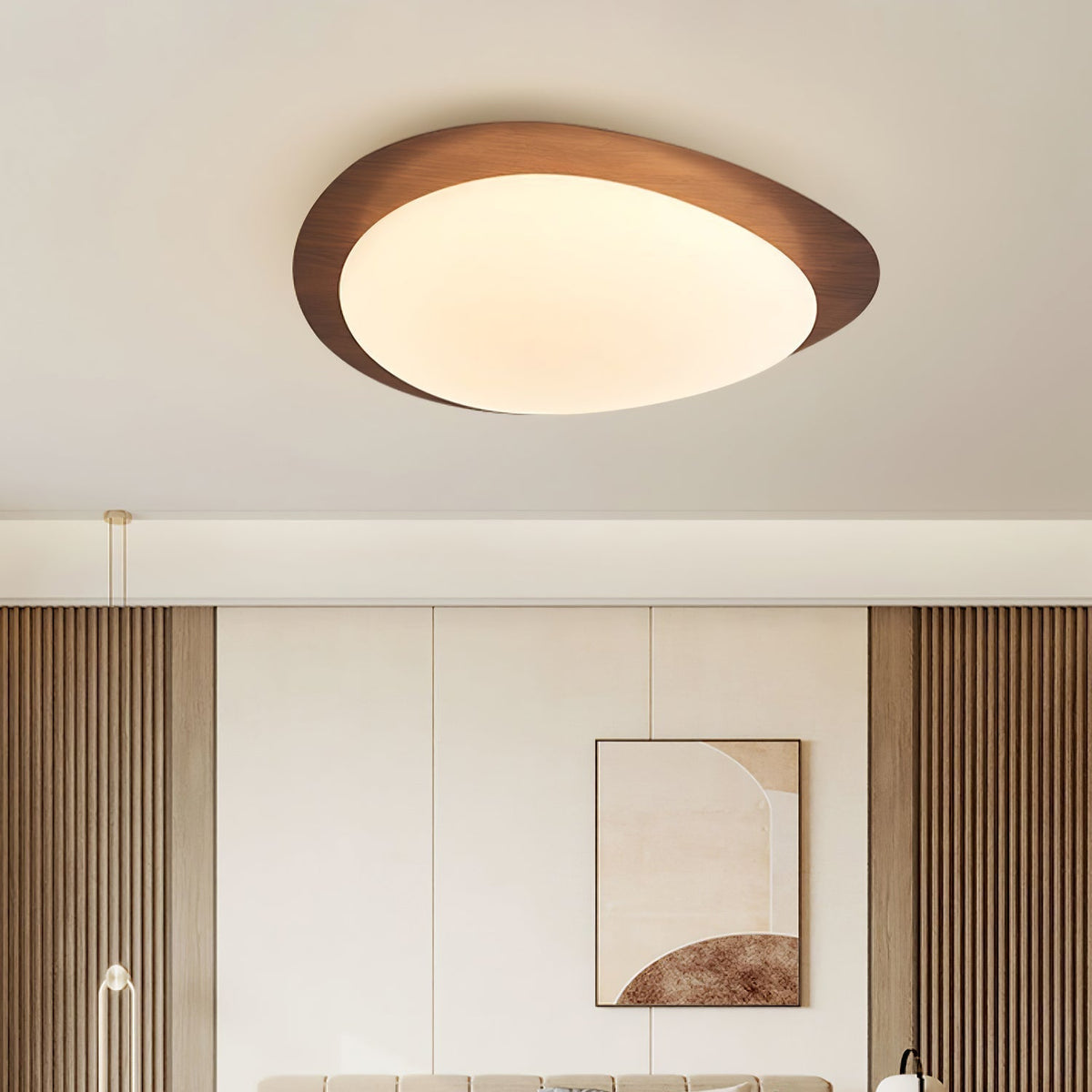 Quisto Pebble Walnut Ceiling Light fitted in a living room with timber panelling