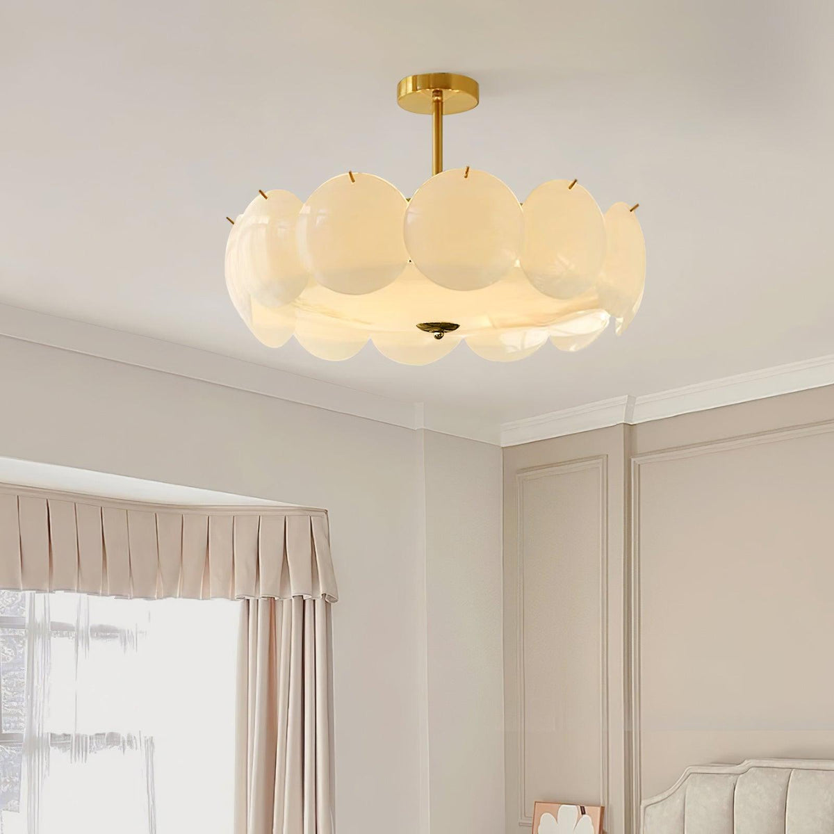 Meho shell ceiling light lit in a bedroom corner with panelled walls and pleated curtains