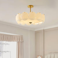 Meho shell ceiling light lit in a bedroom corner with panelled walls and pleated curtains