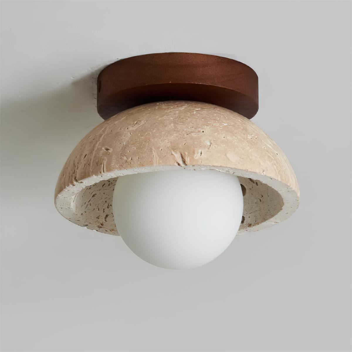 Isven ceiling light unlit, showing the walnut toned wood canopy and stone dome