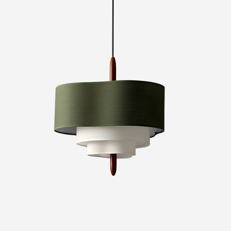 Verda Fabric Drum Pendant Light with green fabric shade and tiered white diffusers on white background