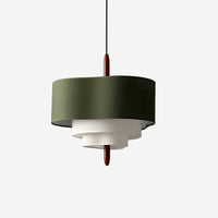 Verda Fabric Drum Pendant Light with green fabric shade and tiered white diffusers on white background