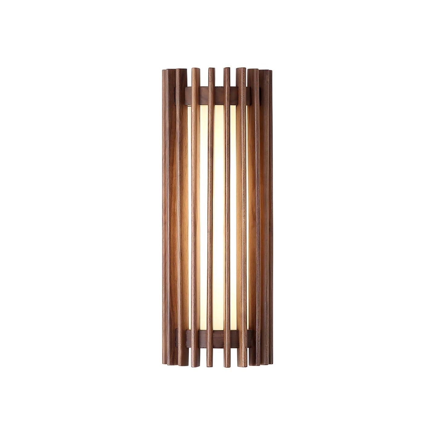 Neyro walnut finish wood wall light on a plain white background, lit behind rounded timber slats