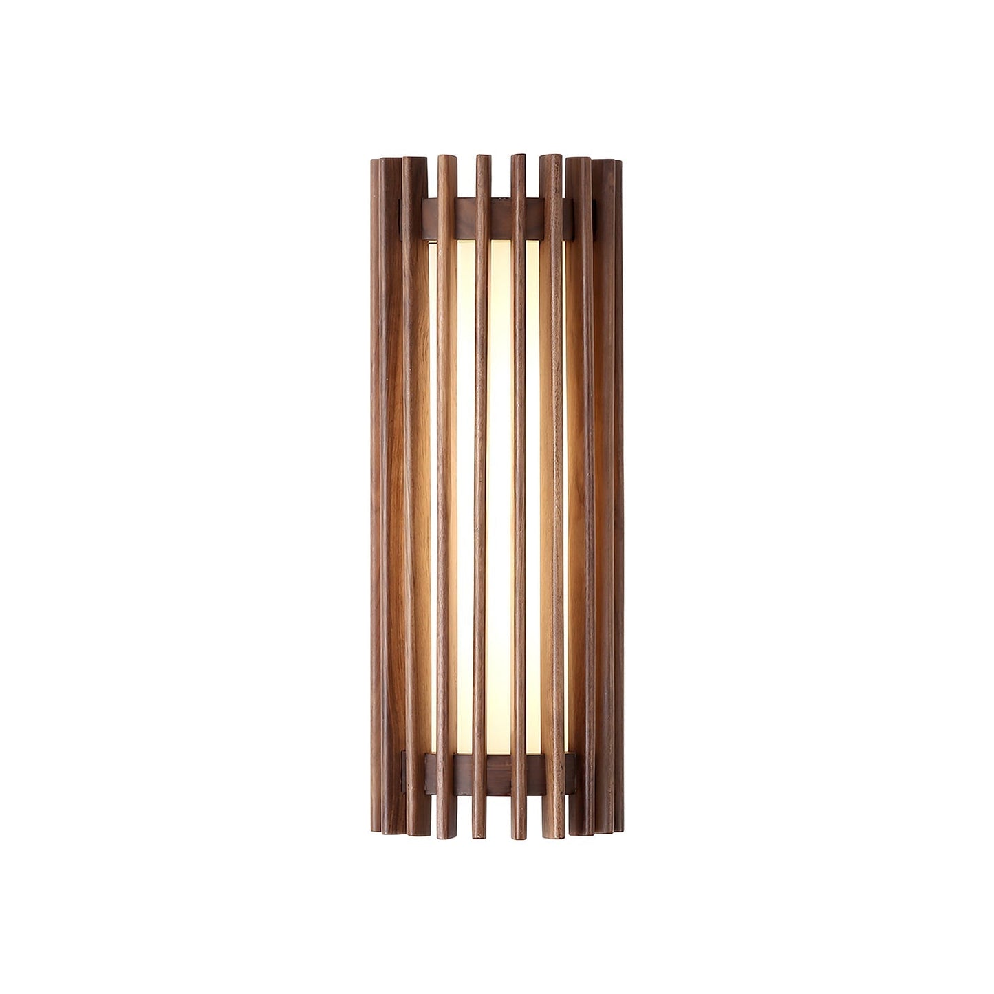 Neyro walnut finish wood wall light on a plain white background, lit behind rounded timber slats