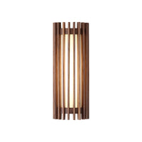 Neyro walnut finish wood wall light on a plain white background, lit behind rounded timber slats