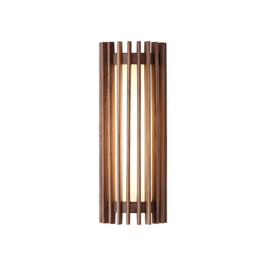 Neyro walnut finish wood wall light on a plain white background, lit behind rounded timber slats