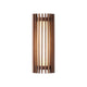Neyro walnut finish wood wall light on a plain white background, lit behind rounded timber slats