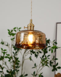 Cadro amber glass pendant light lit beside green foliage in a bright interior
