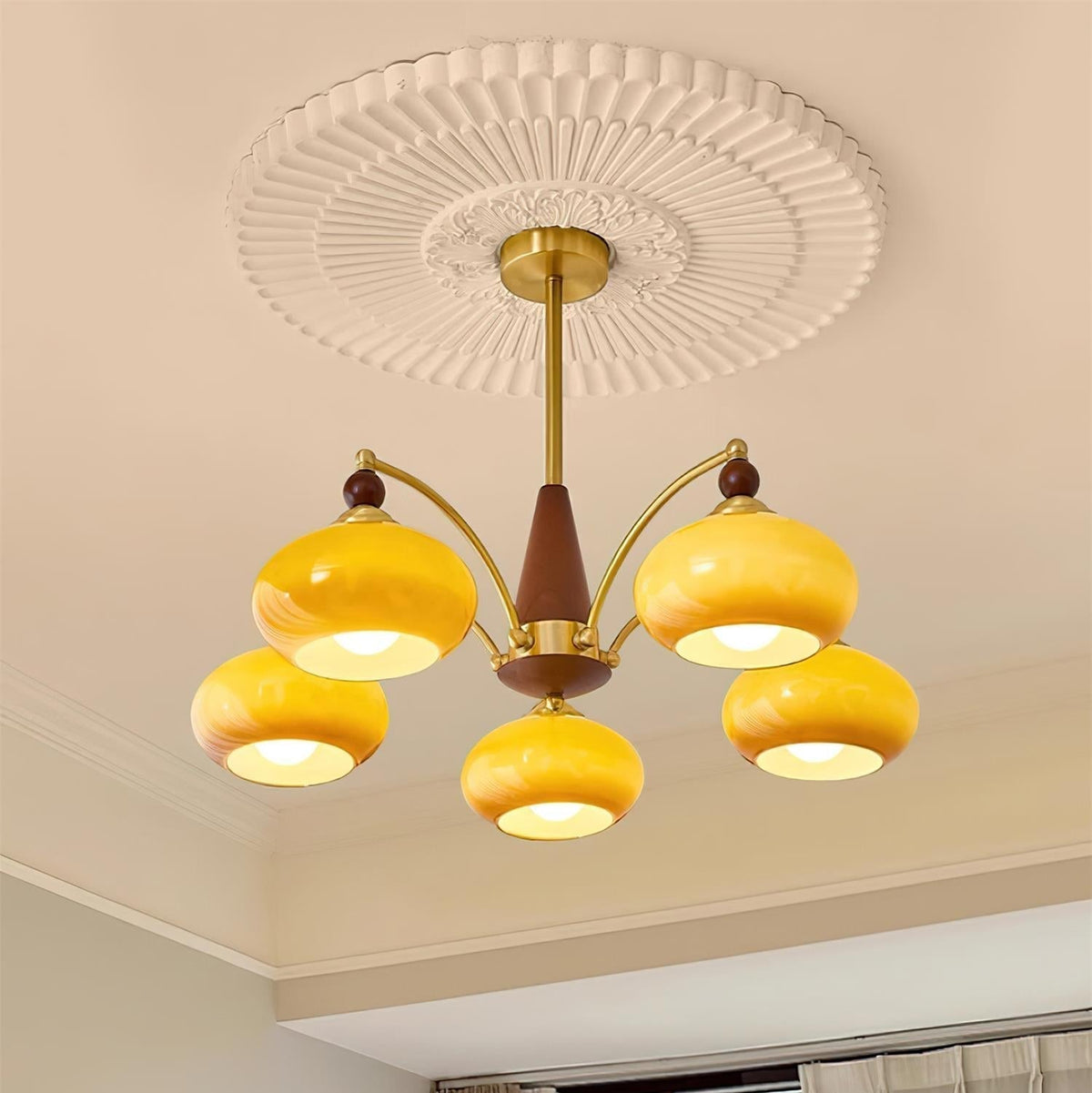 Remi 5-arm chandelier ceiling installation caramel shades