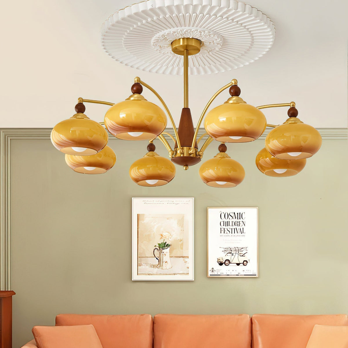 Remi chandelier in living room with orange sofa