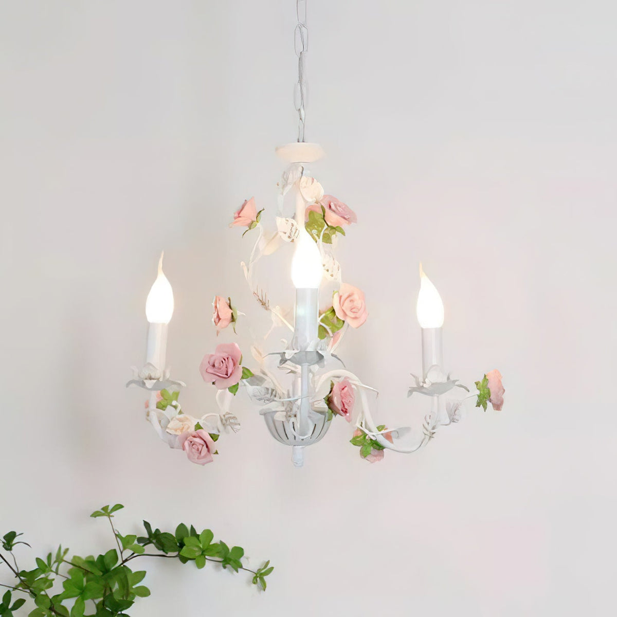 Rosven floral iron chandelier white pink – 3-head configuration plain background