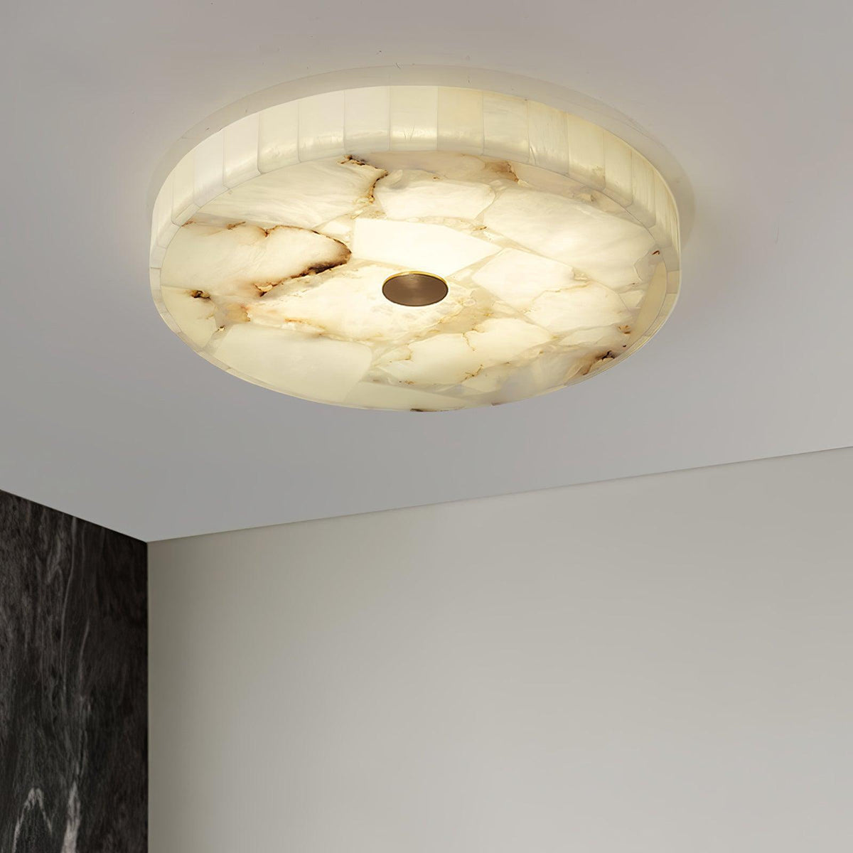 Cirra round alabaster ceiling light close-up showing natural stone texture