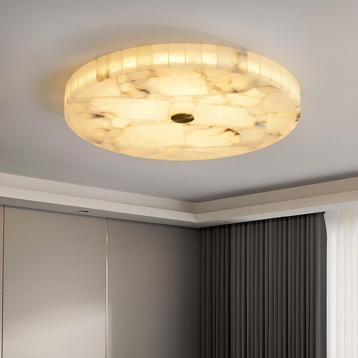 Cirra alabaster ceiling light lifestyle shot in contemporary room with charcoal panels