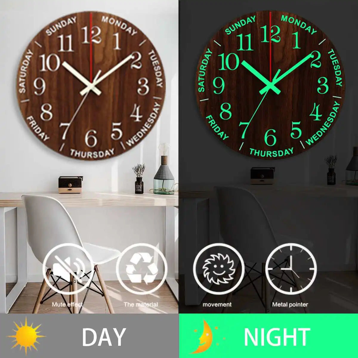 Wooden Wall Clock with Night Light 30cm