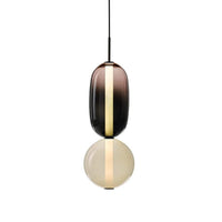 Ambero pendant light shown lit against a plain background, showing the vertical LED strip between the two glass shades