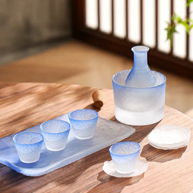 Ombre Blue Glass Sake Cups and Carafe