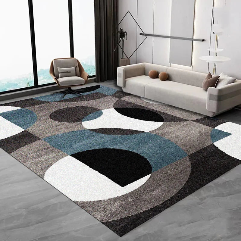 Lindo petrol geometric flannel rug in a contemporary open-plan living space