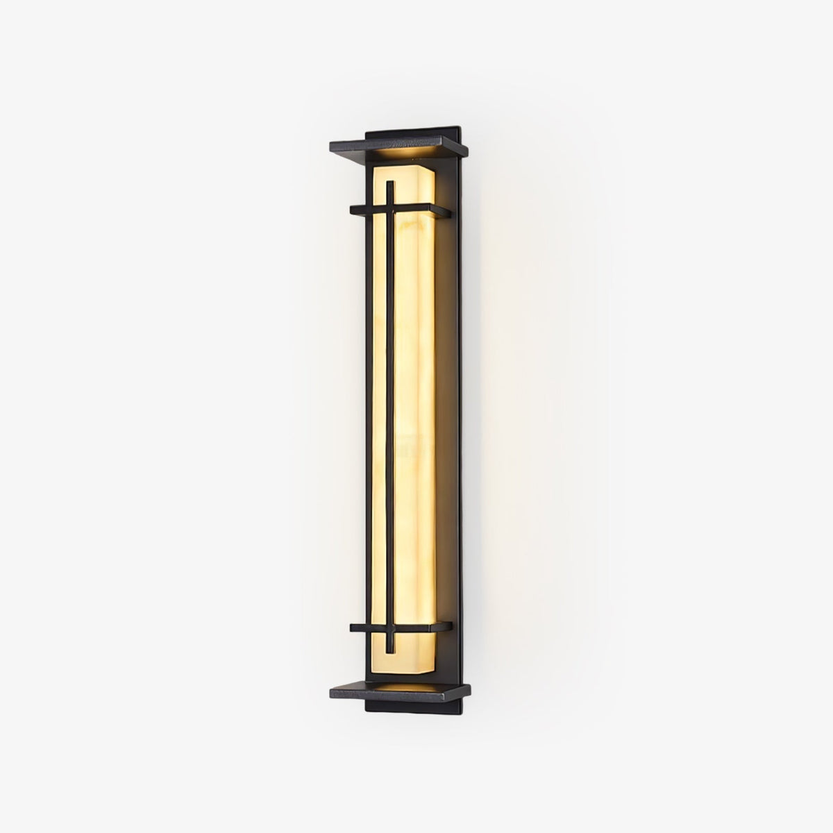 Rayo Alabaster Outdoor Wall Light with black steel frame and glowing alabaster shade on white background