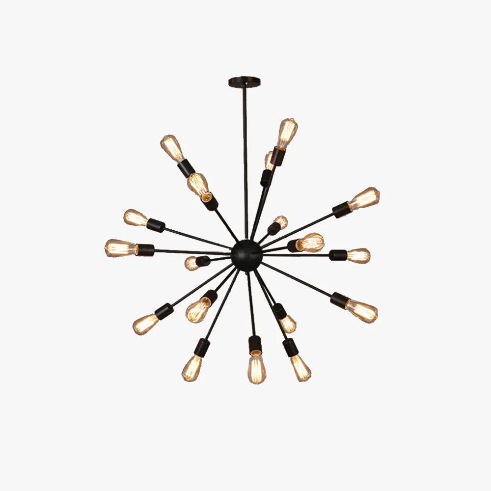 Kytto sputnik filament chandelier in black with twenty radial arms and exposed filament bulbs, shown on a plain background