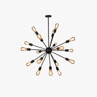 Kytto sputnik filament chandelier in black with twenty radial arms and exposed filament bulbs, shown on a plain background