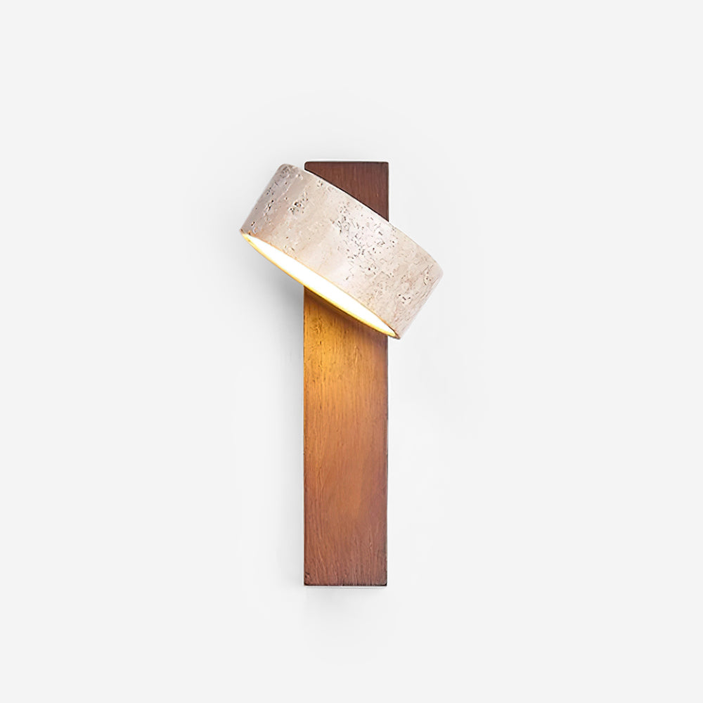 Nydo tilting travertine wall light with a beige stone drum on a walnut beam, shown on a plain white background