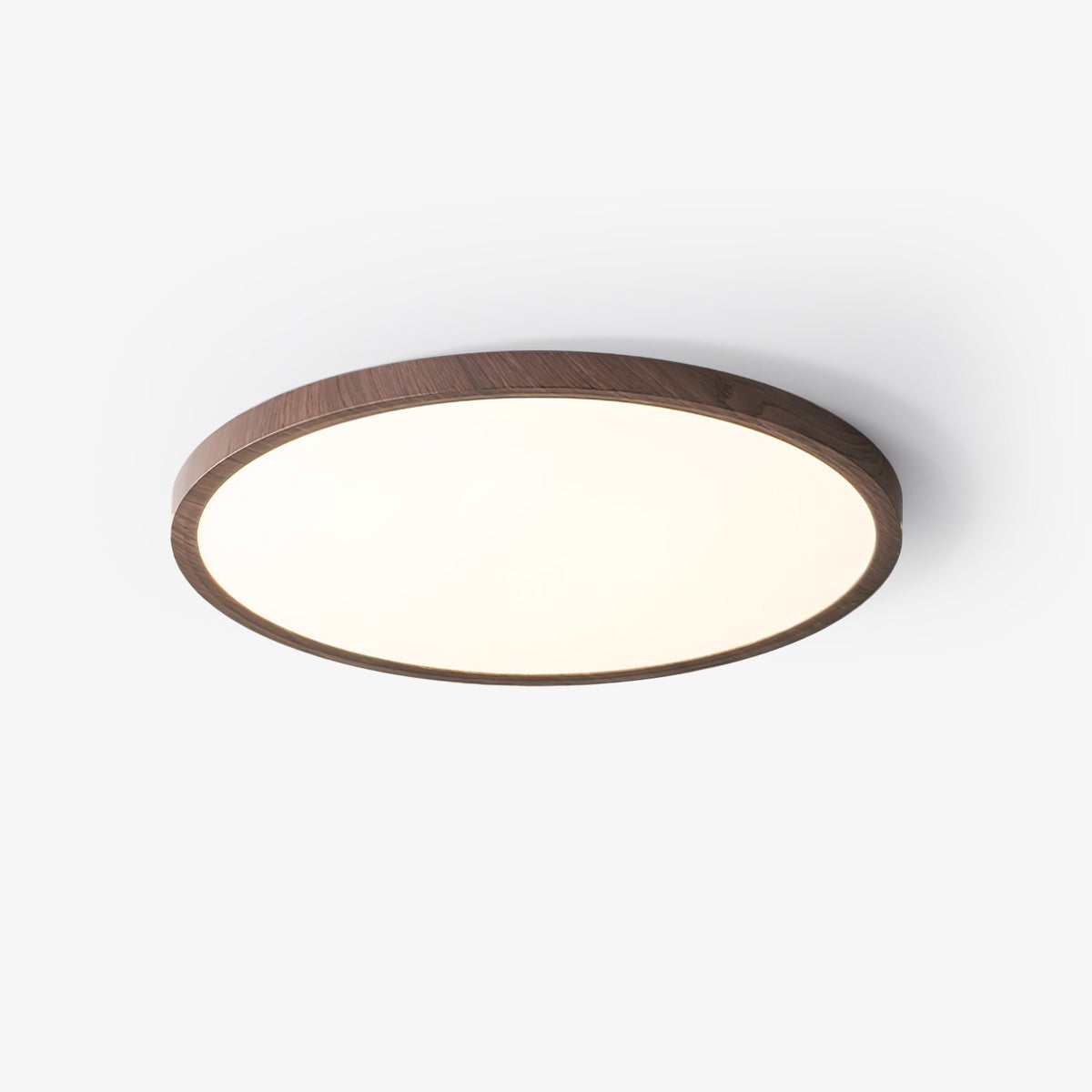Ivero Ultra-Slim Ceiling Light on a plain white background showing the walnut effect rim and flat diffuser