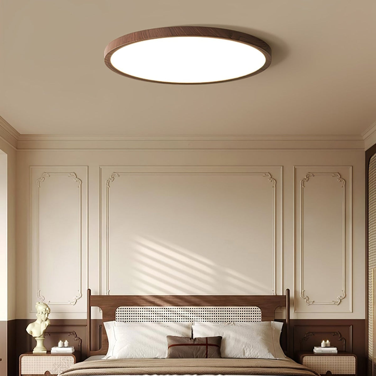 Ivero Ultra-Slim Ceiling Light fitted in a panelled bedroom with a rattan headboard