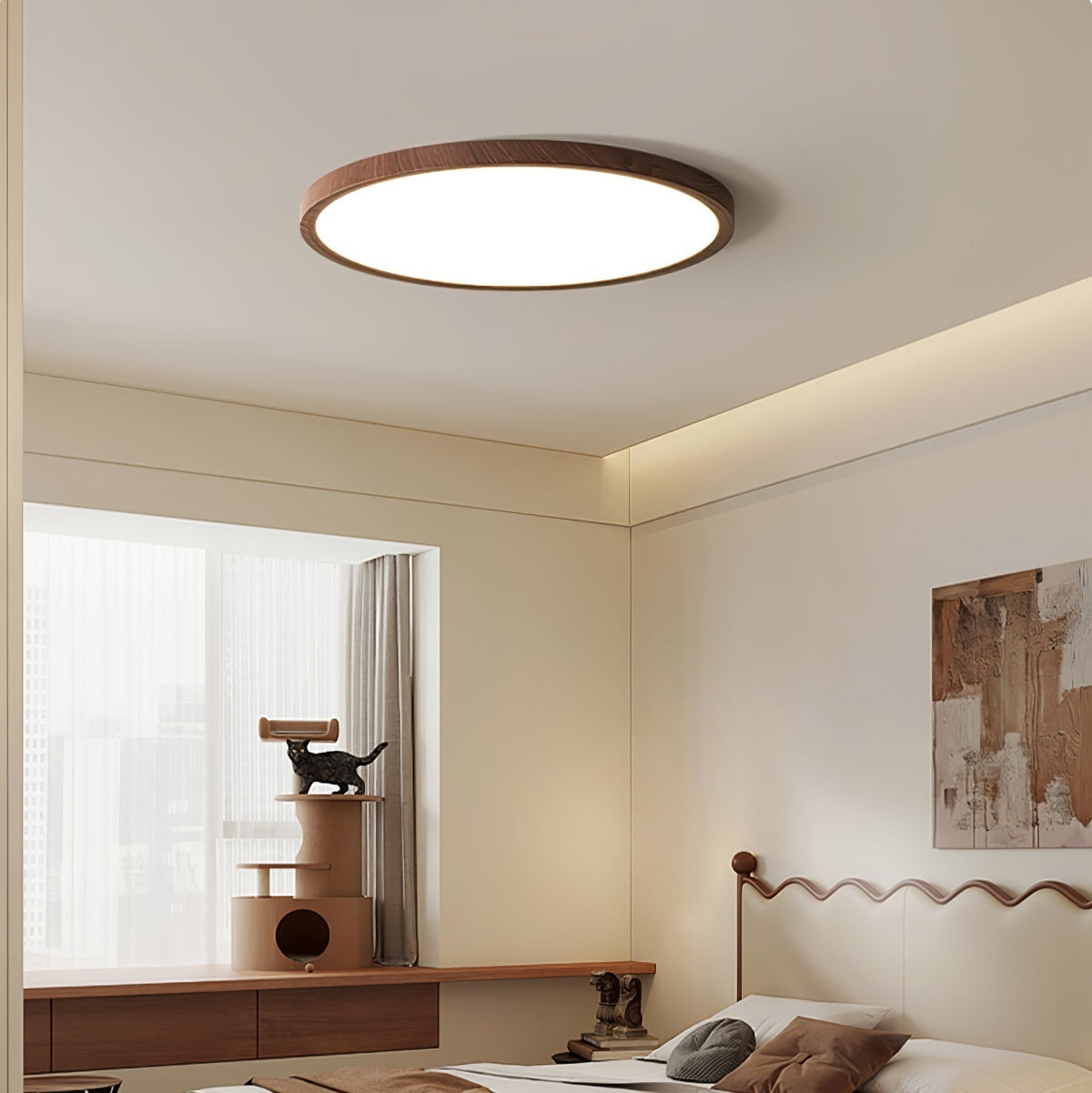 Ivero Ultra-Slim Ceiling Light in a bedroom with a window and low timber sideboard