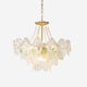 Delvi three tier pressed glass and pearl bead chandelier with gold tone frame on a plain white background
